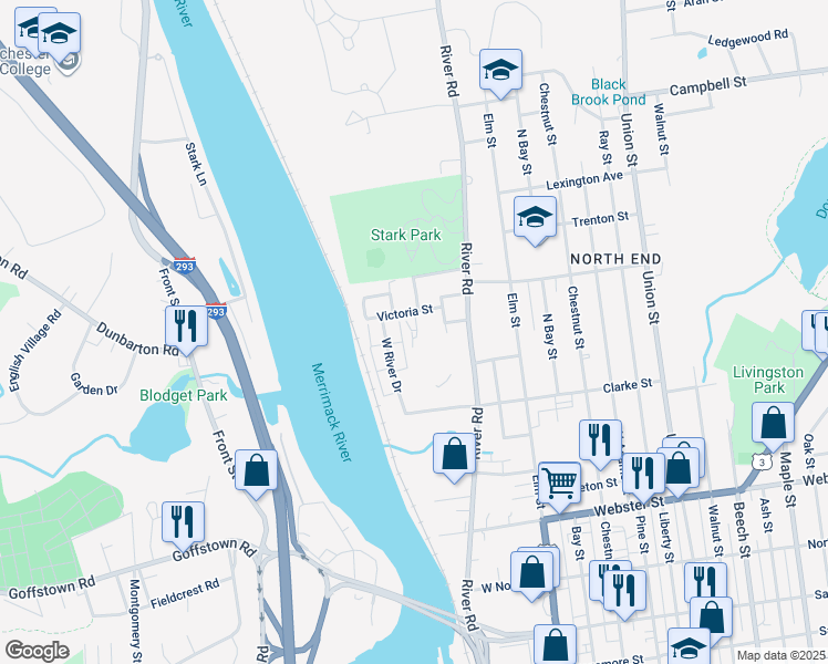 map of restaurants, bars, coffee shops, grocery stores, and more near 70 West River Drive in Manchester