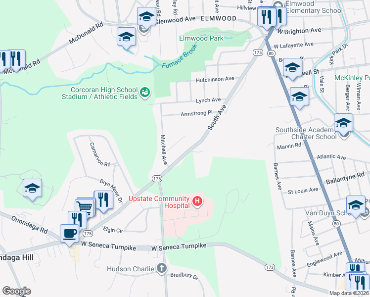 map of restaurants, bars, coffee shops, grocery stores, and more near 2564 South Avenue in Syracuse