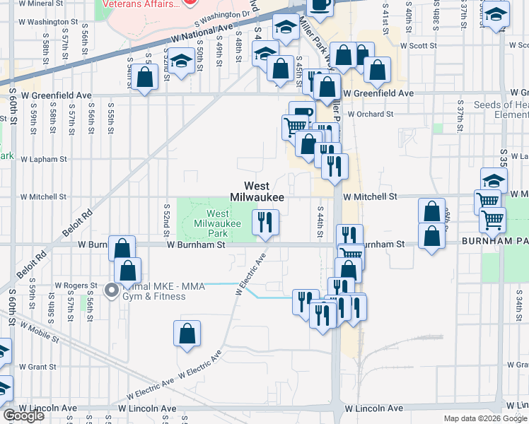 map of restaurants, bars, coffee shops, grocery stores, and more near 4530 West Burnham Street in West Milwaukee