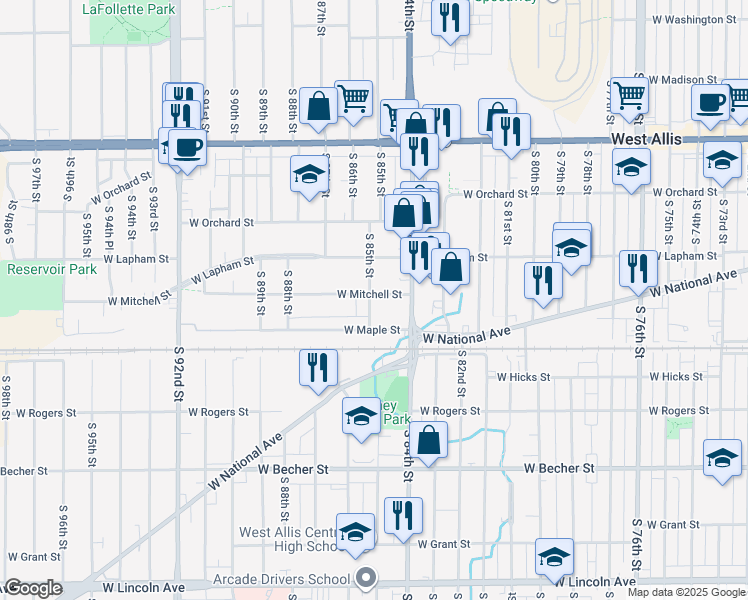 map of restaurants, bars, coffee shops, grocery stores, and more near 8442 West Maple Street in West Allis