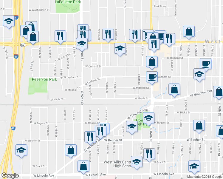map of restaurants, bars, coffee shops, grocery stores, and more near 8814 West Maple Street in West Allis