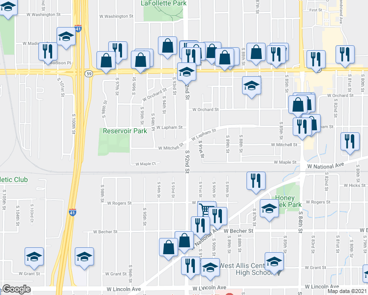 map of restaurants, bars, coffee shops, grocery stores, and more near 1739 South 92nd Street in West Allis