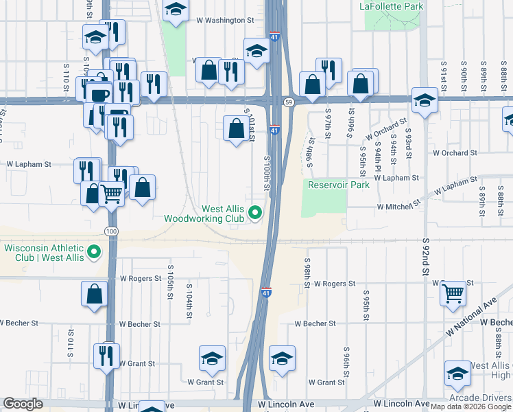 map of restaurants, bars, coffee shops, grocery stores, and more near 1721 South 100th Street in West Allis