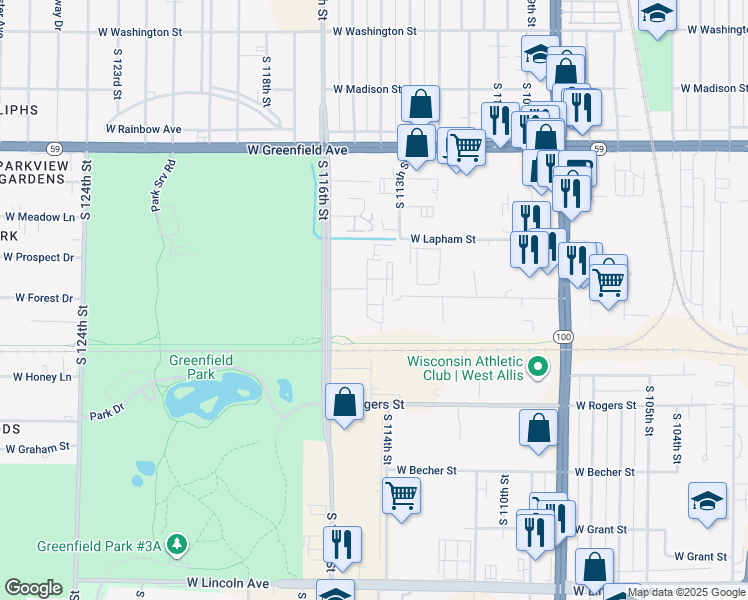 map of restaurants, bars, coffee shops, grocery stores, and more near 1736 South 115 Court in West Allis