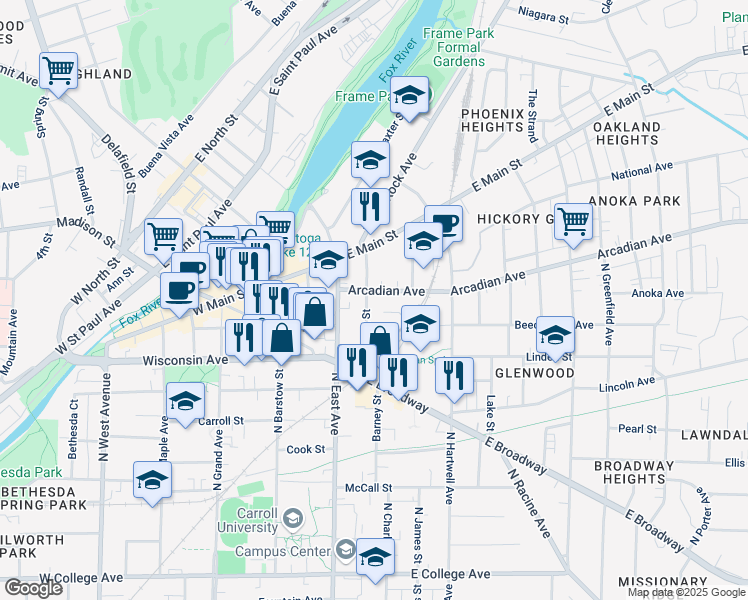 map of restaurants, bars, coffee shops, grocery stores, and more near 808 Pleasant Street in Waukesha