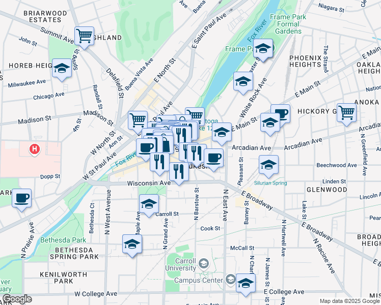 map of restaurants, bars, coffee shops, grocery stores, and more near 249 West Main Street in Waukesha
