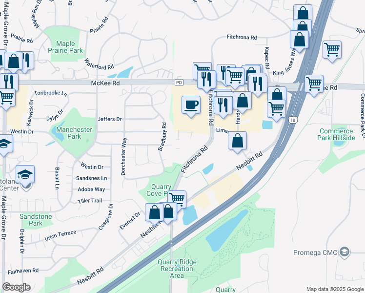 map of restaurants, bars, coffee shops, grocery stores, and more near 9 Bradbury Court in Madison