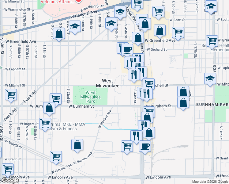map of restaurants, bars, coffee shops, grocery stores, and more near 4530 West Burnham Street in West Milwaukee