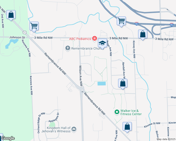 map of restaurants, bars, coffee shops, grocery stores, and more near 2596 Falcon Woods Drive Northwest in Grand Rapids