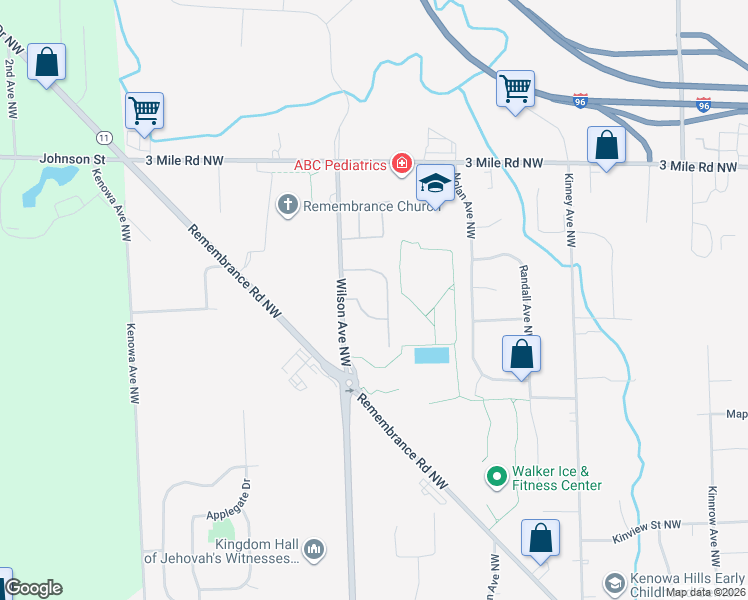 map of restaurants, bars, coffee shops, grocery stores, and more near 2596 Falcon Woods Drive Northwest in Grand Rapids