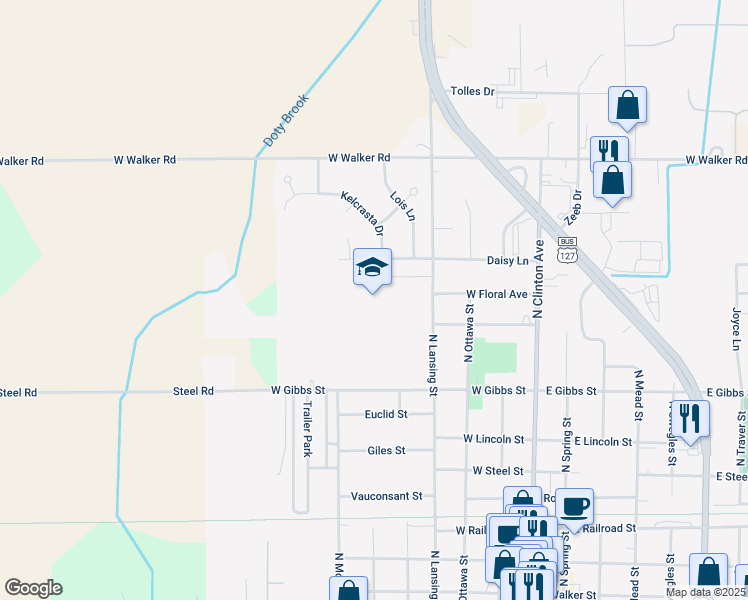 map of restaurants, bars, coffee shops, grocery stores, and more near 915 North Lansing Street in Saint Johns