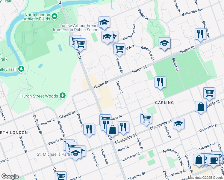 map of restaurants, bars, coffee shops, grocery stores, and more near 629 Huron Street in London
