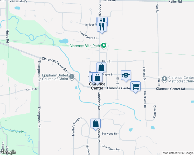 map of restaurants, bars, coffee shops, grocery stores, and more near in Clarence Center