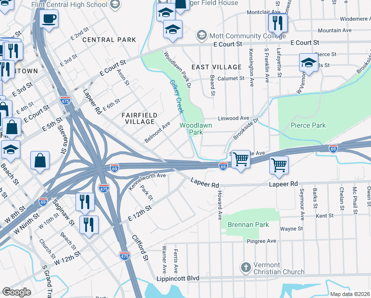 map of restaurants, bars, coffee shops, grocery stores, and more near 1626 Brookside Drive in Flint