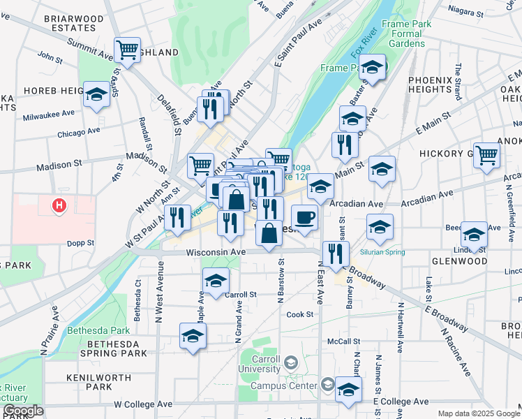 map of restaurants, bars, coffee shops, grocery stores, and more near 249 West Main Street in Waukesha
