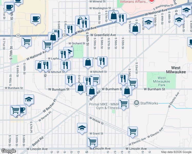 map of restaurants, bars, coffee shops, grocery stores, and more near 1803 South 58th Street in West Allis