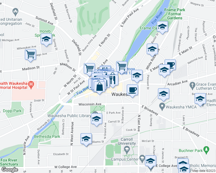 map of restaurants, bars, coffee shops, grocery stores, and more near 282 West Main Street in Waukesha