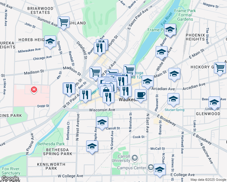 map of restaurants, bars, coffee shops, grocery stores, and more near in Waukesha