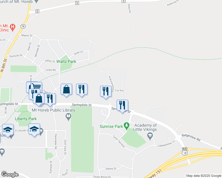 map of restaurants, bars, coffee shops, grocery stores, and more near 204 Brookwood Drive in Mount Horeb