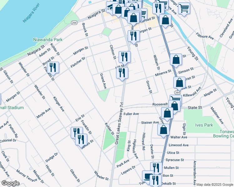 map of restaurants, bars, coffee shops, grocery stores, and more near 284 Main Street in Tonawanda