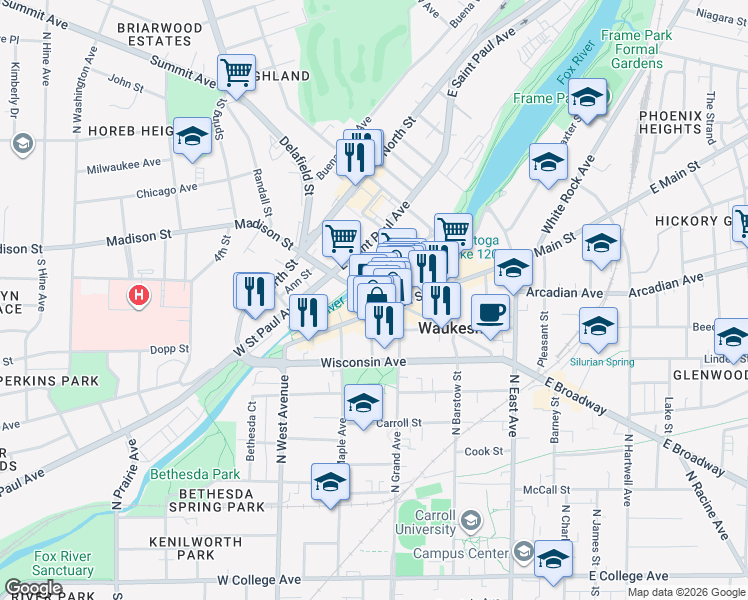 map of restaurants, bars, coffee shops, grocery stores, and more near 806 Clinton Street in Waukesha