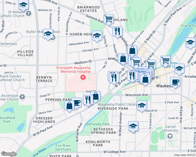 map of restaurants, bars, coffee shops, grocery stores, and more near 229 Mountain Avenue in Waukesha