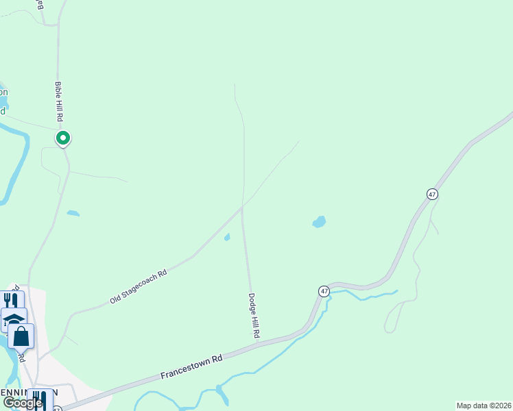 map of restaurants, bars, coffee shops, grocery stores, and more near 65 Dodge Hill Road in Bennington