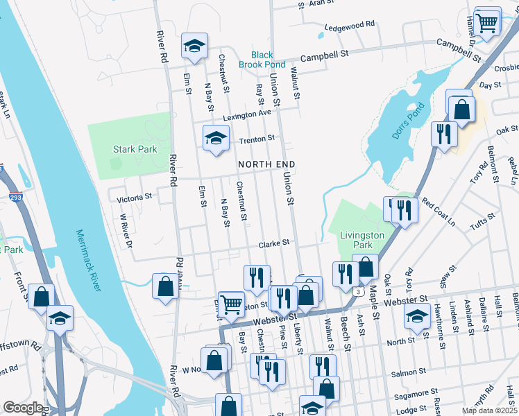 map of restaurants, bars, coffee shops, grocery stores, and more near 118 North Adams Street in Manchester