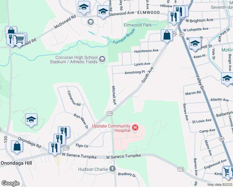 map of restaurants, bars, coffee shops, grocery stores, and more near 114 Mitchell Avenue in Syracuse