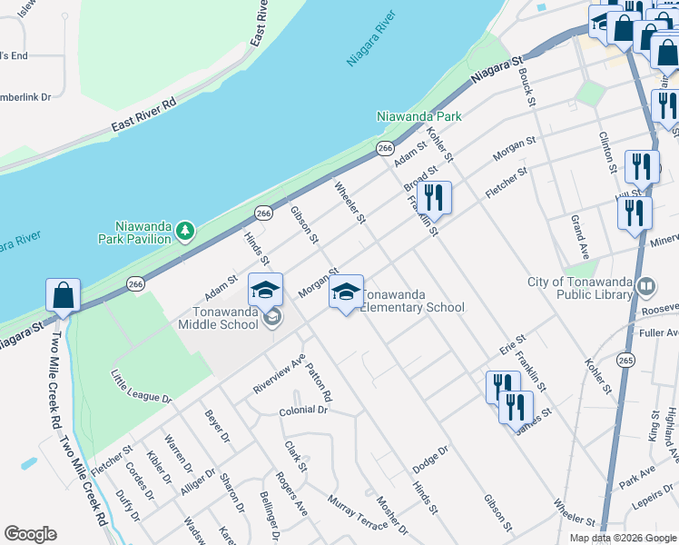 map of restaurants, bars, coffee shops, grocery stores, and more near 546 Fletcher Street in Tonawanda