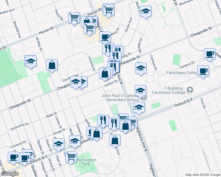 map of restaurants, bars, coffee shops, grocery stores, and more near 414 Flanders Row in London