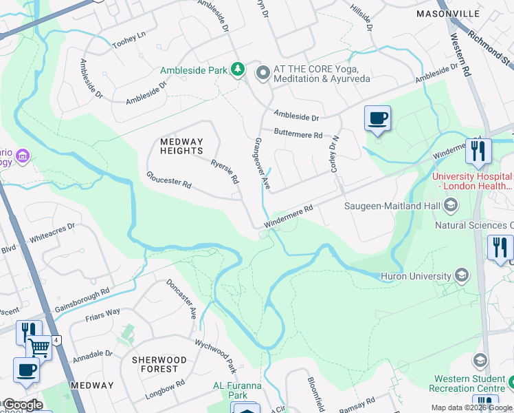 map of restaurants, bars, coffee shops, grocery stores, and more near 1500 Ryersie Road in London