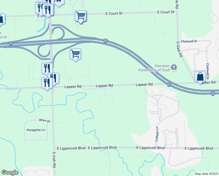 map of restaurants, bars, coffee shops, grocery stores, and more near 8256 Creekwood Drive in Davison