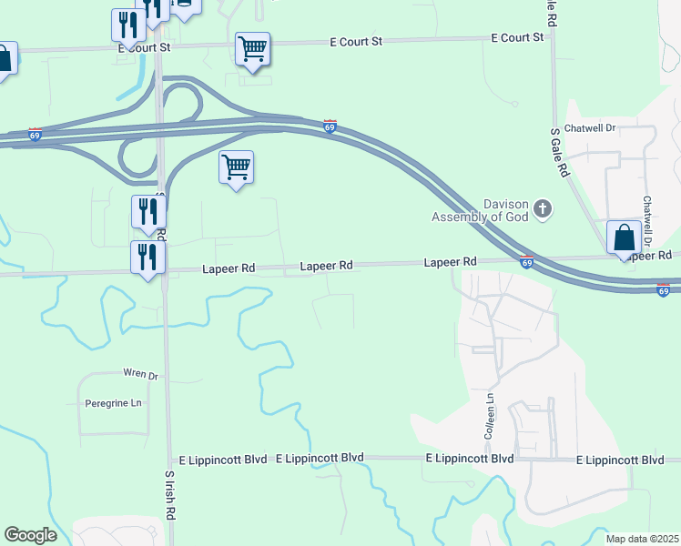 map of restaurants, bars, coffee shops, grocery stores, and more near 8256 Creekwood Drive in Davison