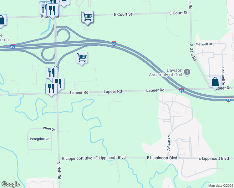 map of restaurants, bars, coffee shops, grocery stores, and more near 8256 Creekwood Drive in Davison