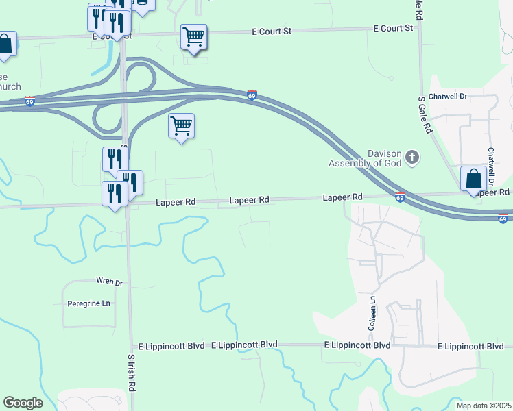 map of restaurants, bars, coffee shops, grocery stores, and more near 8256 Creekwood Drive in Davison