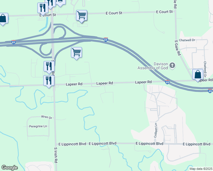 map of restaurants, bars, coffee shops, grocery stores, and more near 8256 Creekwood Drive in Davison