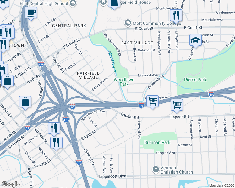 map of restaurants, bars, coffee shops, grocery stores, and more near 1626 Brookside Drive in Flint