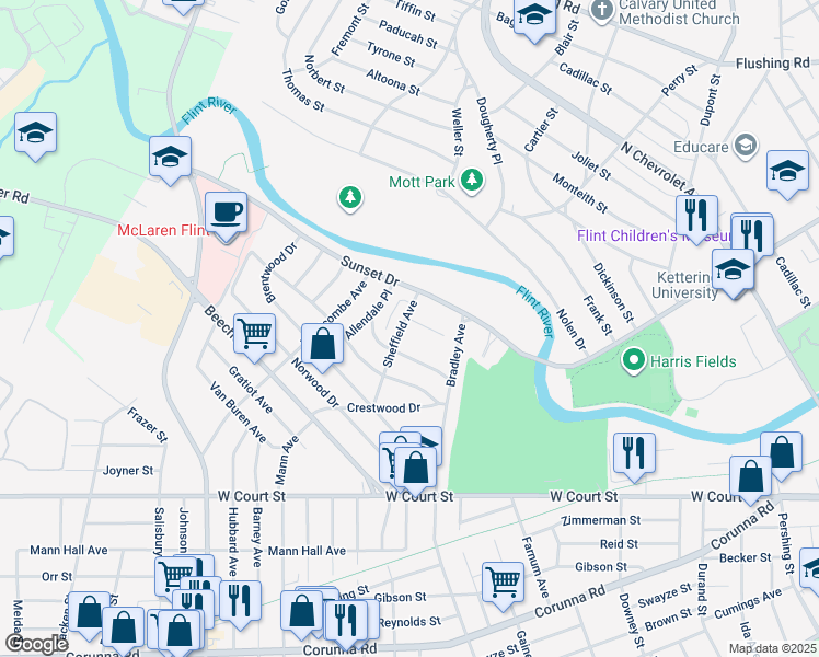 map of restaurants, bars, coffee shops, grocery stores, and more near 3213 Pencombe Place in Flint