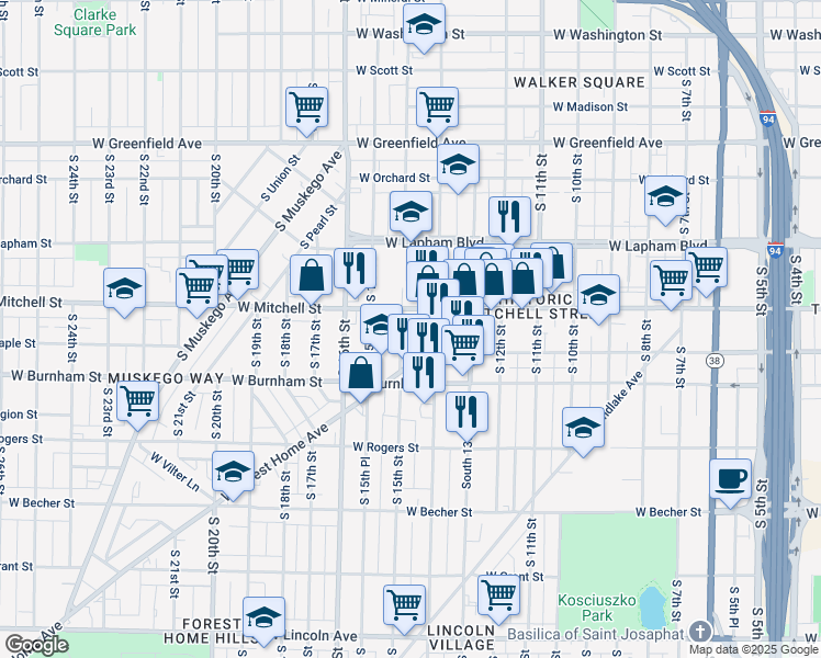 map of restaurants, bars, coffee shops, grocery stores, and more near 1416 West Forest Home Avenue in Milwaukee
