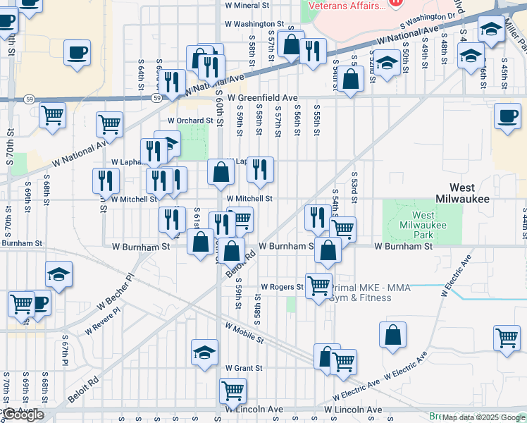 map of restaurants, bars, coffee shops, grocery stores, and more near 5704 Beloit Road in West Allis