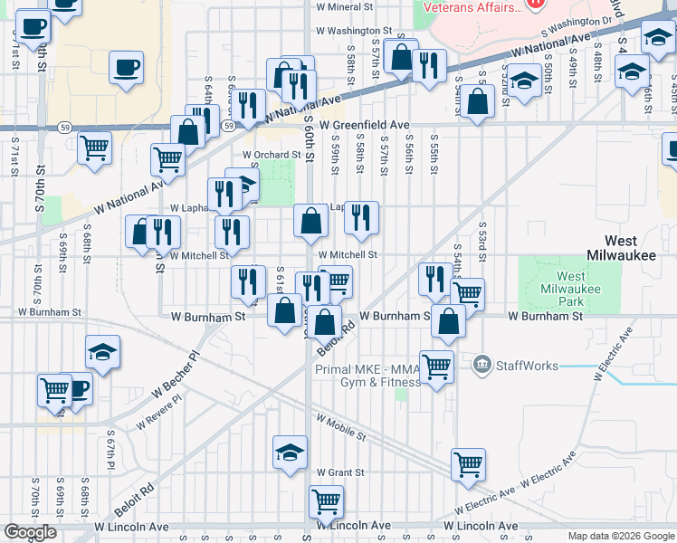 map of restaurants, bars, coffee shops, grocery stores, and more near 1803 South 58th Street in West Allis
