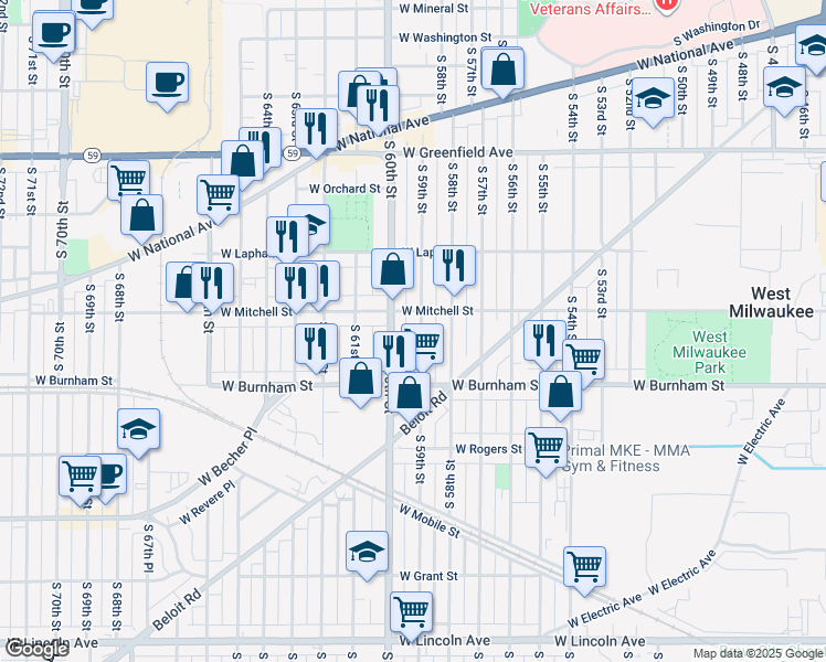 map of restaurants, bars, coffee shops, grocery stores, and more near 1802 South 60th Street in West Allis