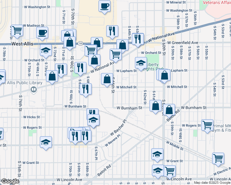 map of restaurants, bars, coffee shops, grocery stores, and more near 1754 South 66th Street in West Allis