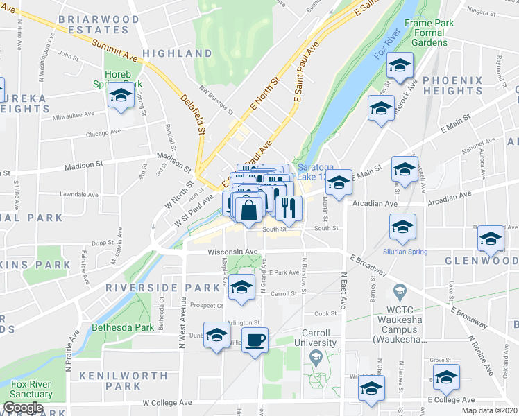 map of restaurants, bars, coffee shops, grocery stores, and more near in Waukesha