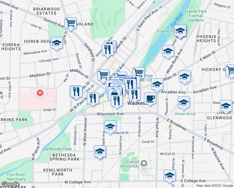 map of restaurants, bars, coffee shops, grocery stores, and more near in Waukesha
