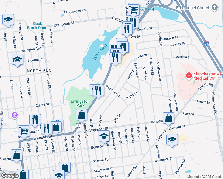map of restaurants, bars, coffee shops, grocery stores, and more near Red Coat Lane in Manchester