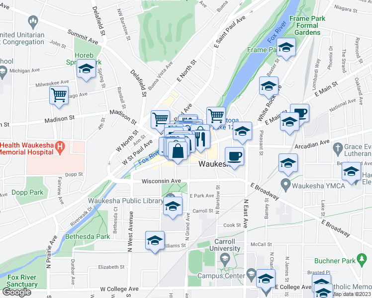 map of restaurants, bars, coffee shops, grocery stores, and more near 310 West Broadway in Waukesha