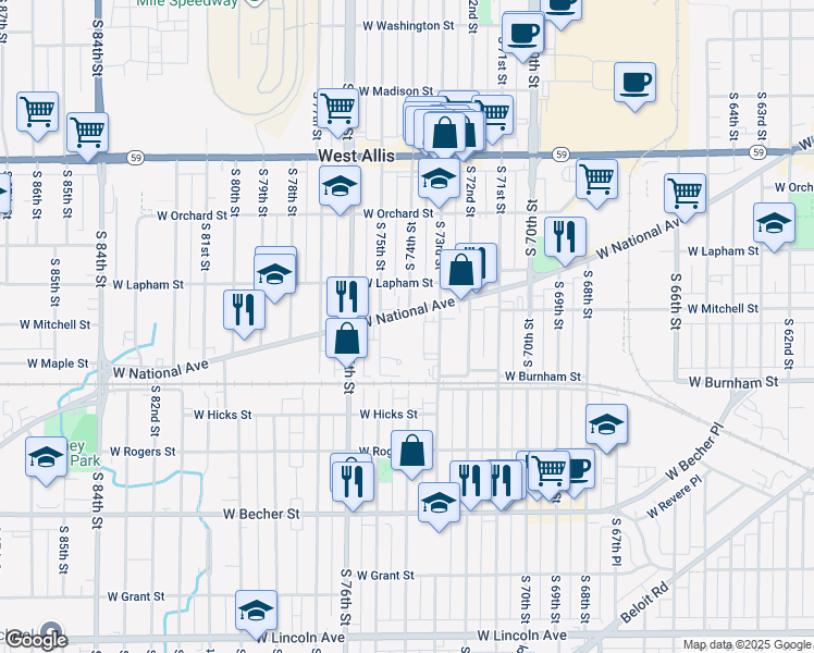 map of restaurants, bars, coffee shops, grocery stores, and more near 7421 West National Avenue in West Allis