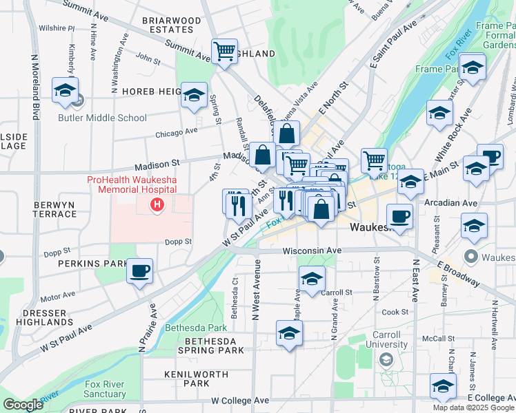 map of restaurants, bars, coffee shops, grocery stores, and more near 111 Ann Street in Waukesha